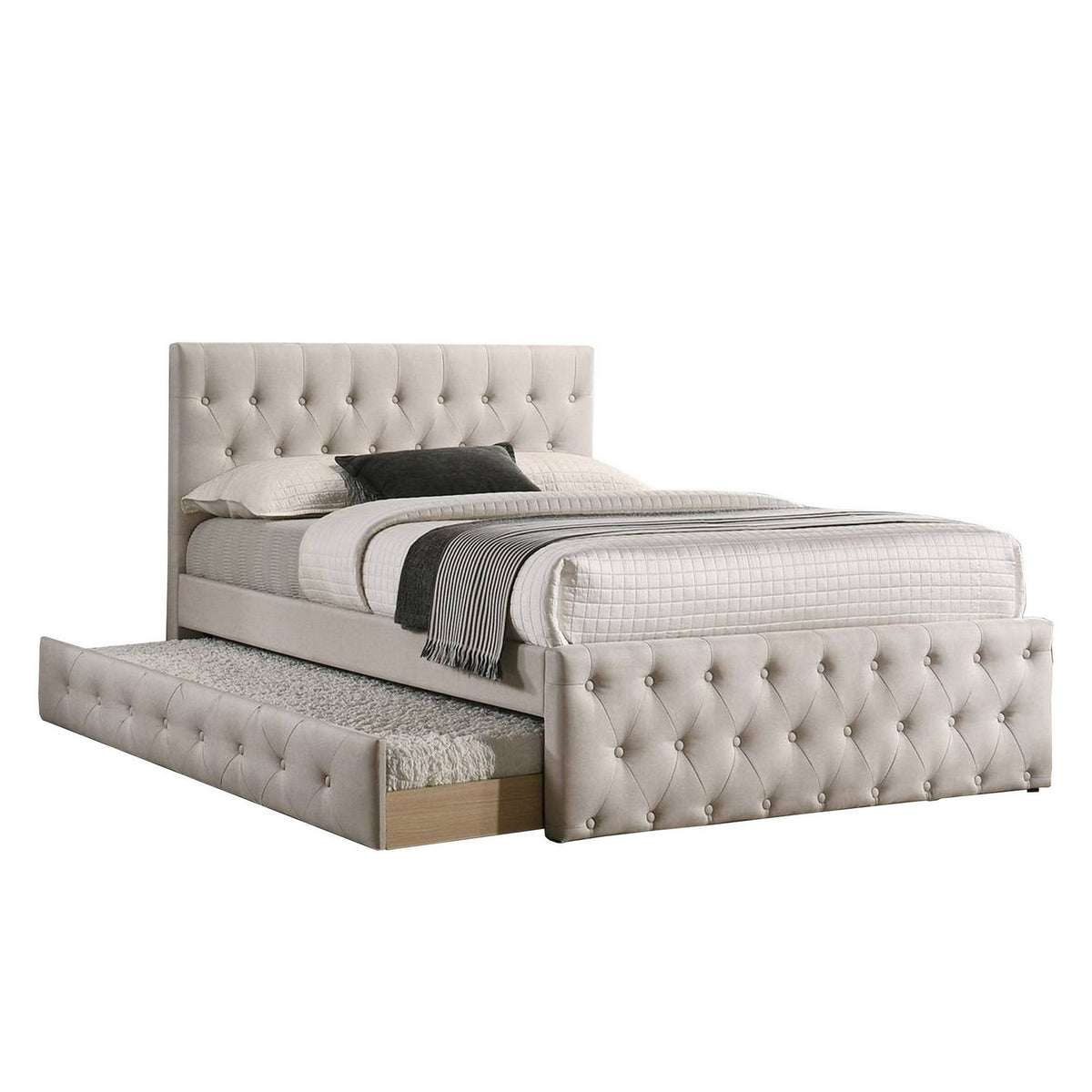 Nek Wood Full Size Upholstered Bed with Twin Trundle, Taupe Burlap Frame
