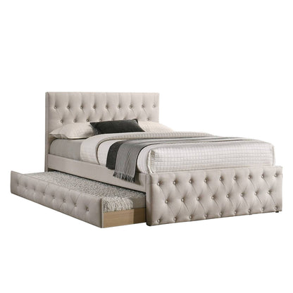 Nek Wood Full Size Upholstered Bed with Twin Trundle, Taupe Burlap Frame
