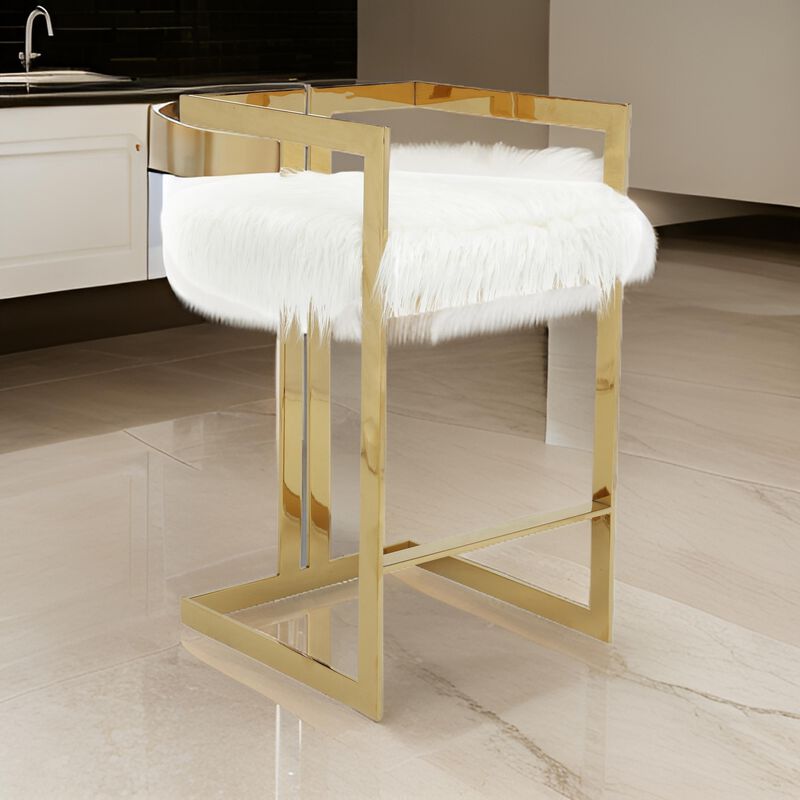 Suki 30 Inch Barstool Chair, White Faux Fur Seat, Stainless Steel, Gold
