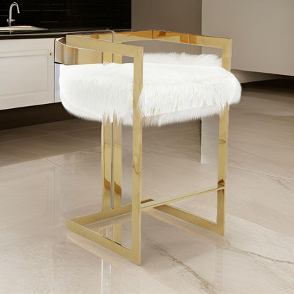 Suki 30 Inch Barstool Chair, White Faux Fur Seat, Stainless Steel, Gold