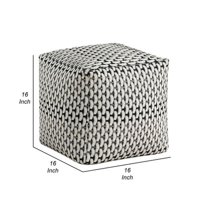 Modern Pouf Ottoman, Black White Basket Woven Jacquard, 16 Inch Square