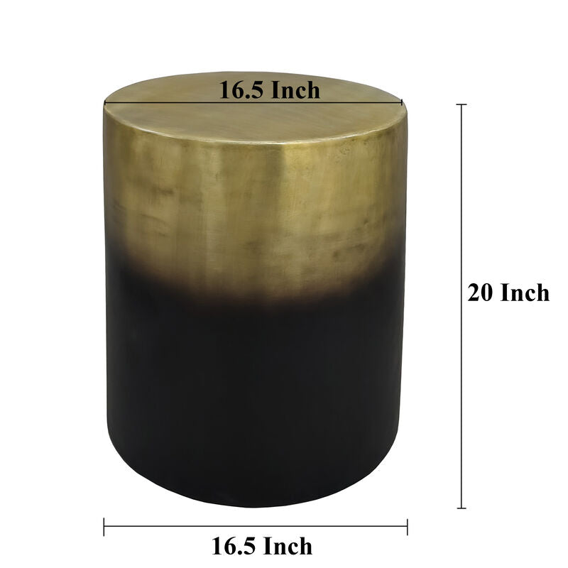 Dyan 20 Inch Side End Table, Round Drum Shape, Black, Gold Antique Brass Ombre