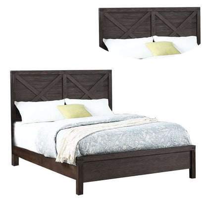 Yale Platform Queen Size Bed, Crossed Accent Panel, Dark Walnut Brown