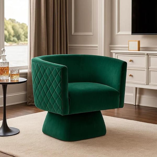 Cabe Swivel Accent Armchair, Diamond Stitch Back, Emerald Green Velvet