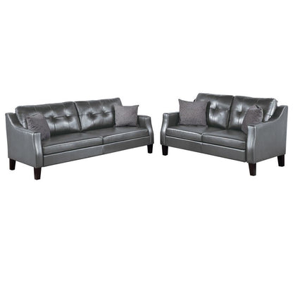Hera 2 Piece Sofa and Loveseat Set, 4 Pillows, Classic Gray Faux Leather