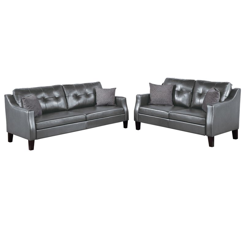Hera 2 Piece Sofa and Loveseat Set, 4 Pillows, Classic Gray Faux Leather