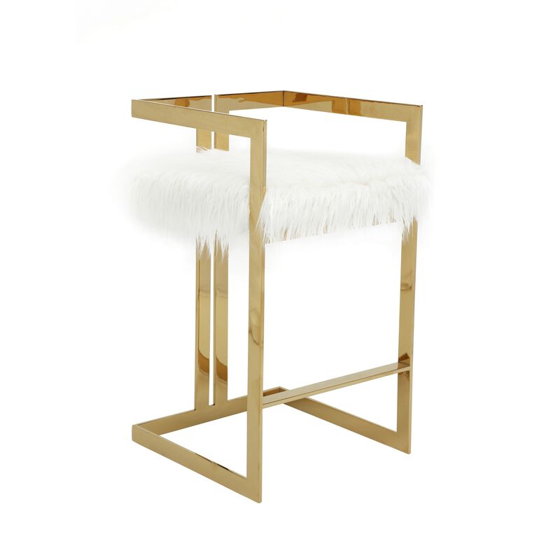 Suki 30 Inch Barstool Chair, White Faux Fur Seat, Stainless Steel, Gold