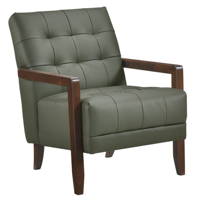 Lenie Accent Armchair, Button Tufted Green Leather, Walnut Brown Wood