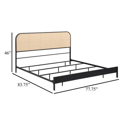 Ammy King Bed, Radio Weave Headboard, Brown Faux Rattan, Black Metal