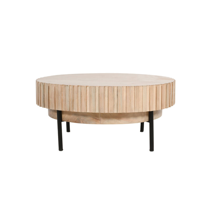 36 Inch Modern Handcrafted Round Coffee Table, Oak White Wood Top with Grooved Edges, Black Iron Legs