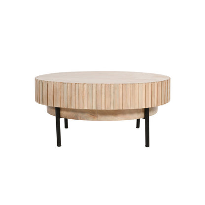 36 Inch Modern Handcrafted Round Coffee Table, Oak White Wood Top with Grooved Edges, Black Iron Legs