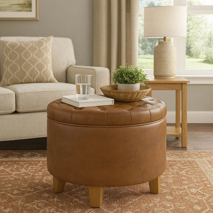 Wes Round Storage Ottoman, Brown Faux Leather, Hardwood, 19 Inch