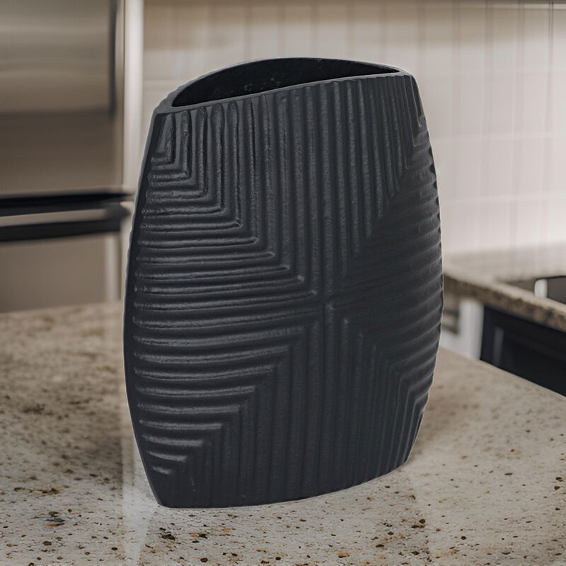 Ako 10 Inch Vase, Metal Ribbed Body Design, Curved Top, Matte Black Finish