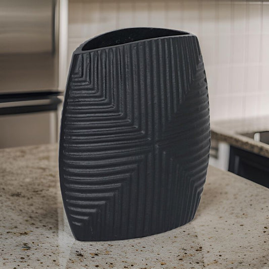 Ako 10 Inch Vase, Metal Ribbed Body Design, Curved Top, Matte Black Finish