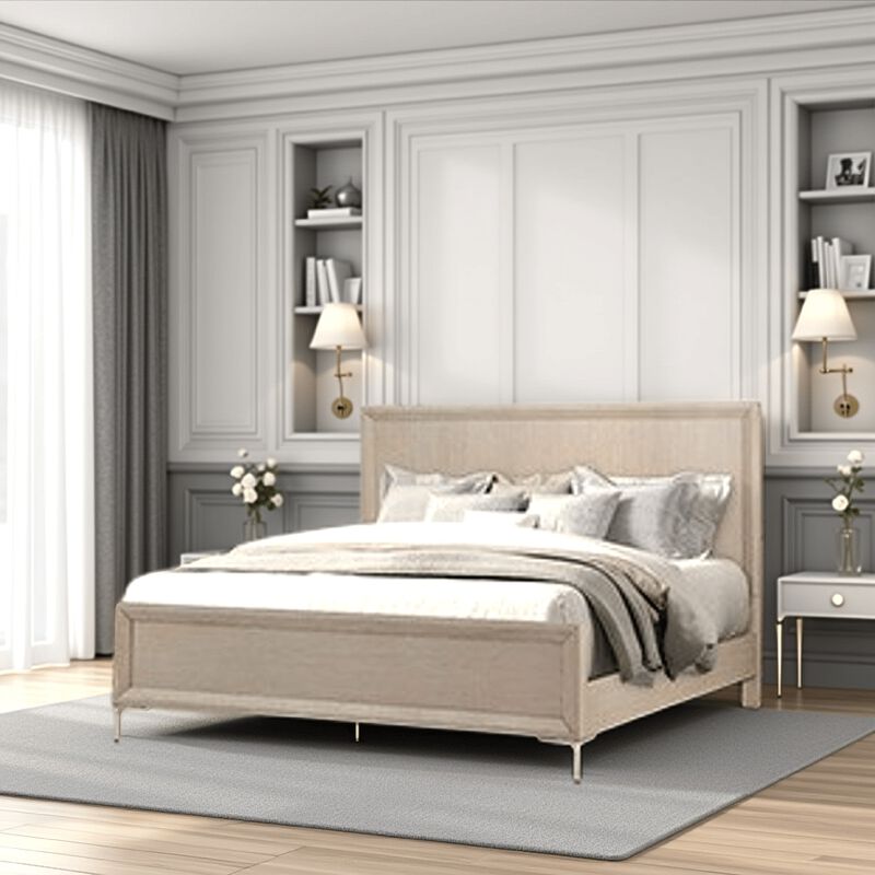 Kaira Queen Size Bed with Metal Accents, Natural Oak Solid Rubberwood