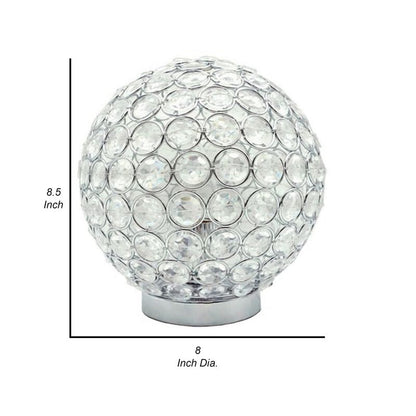 Denise 9 Inch Table Lamp, Round Metal Base, Crystal Ball Shade, Silver