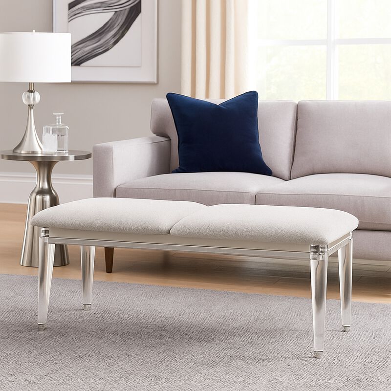 Veda Accent Bench, Light Gray Boucle, Pearl White Wood Finish, 54 Inch