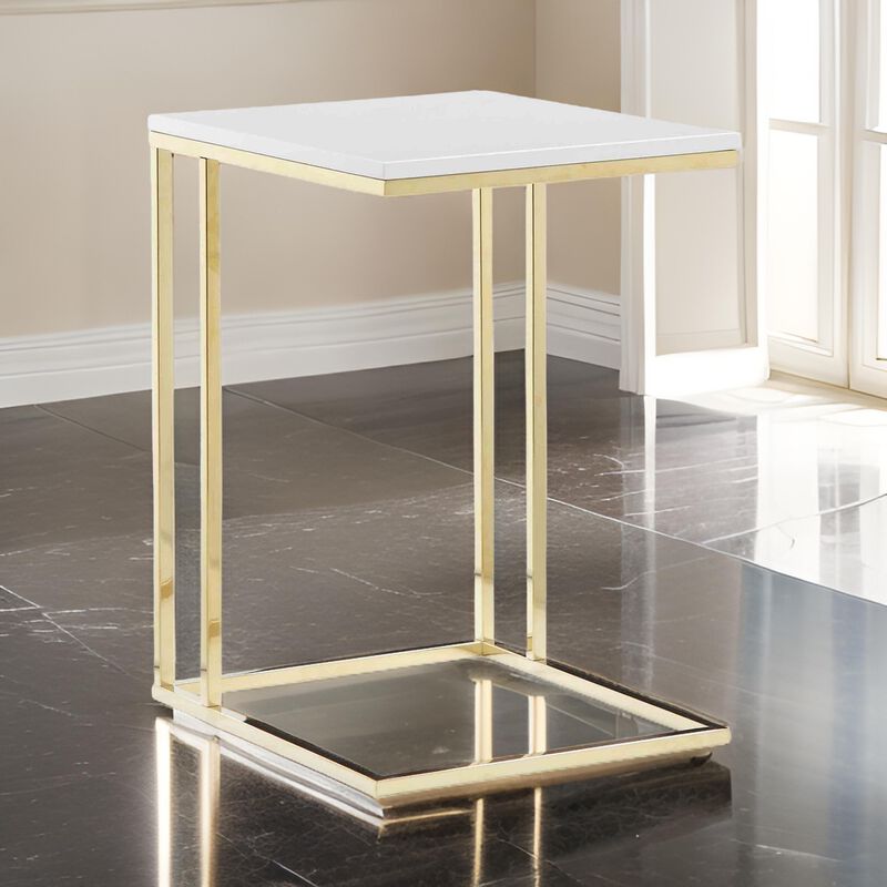 Zen 23 Inch Side End Tray Table, White Tray Top, Steel Base in Gold Finish