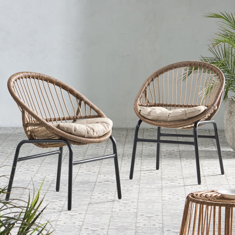 Outdoor Barstool Chair Set of 2, Beige Fabric, Brown Rattan, Black