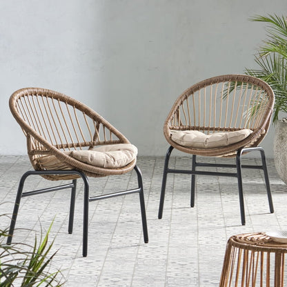 Outdoor Barstool Chair Set of 2, Beige Fabric, Brown Rattan, Black