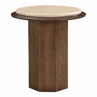 Asten Side End Table, 22 Inch, Square White Marble Top, Walnut Brown