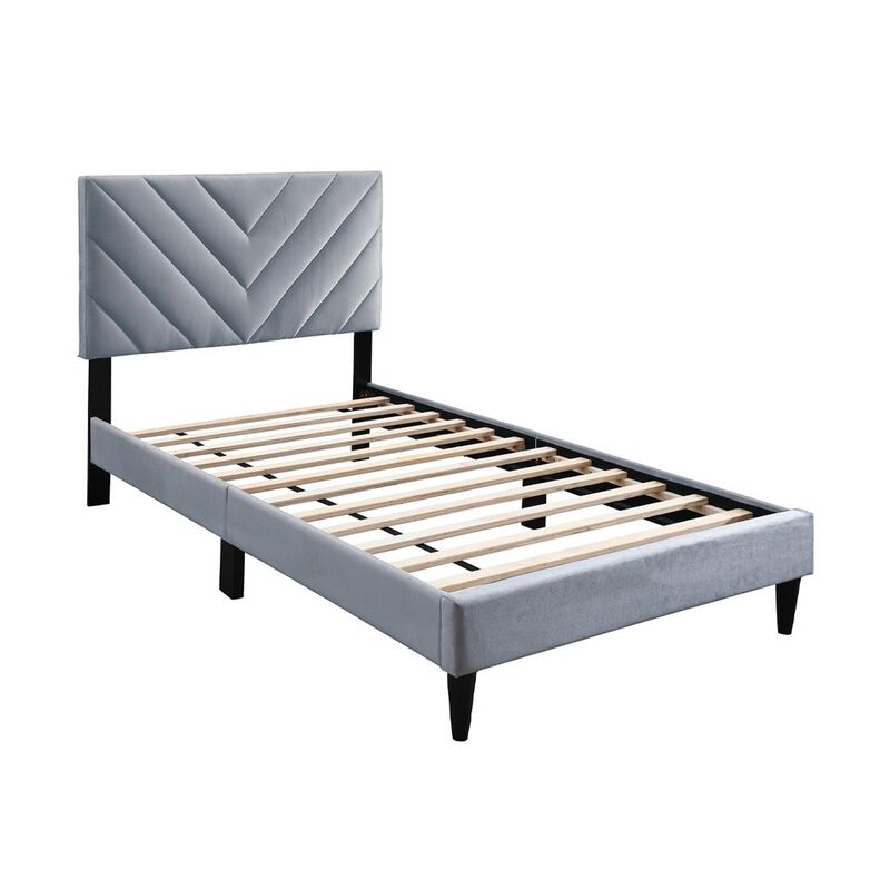 Lilian Full Size Bed, Tufted Gray Velvet Upholstery, Chevron Stitch
