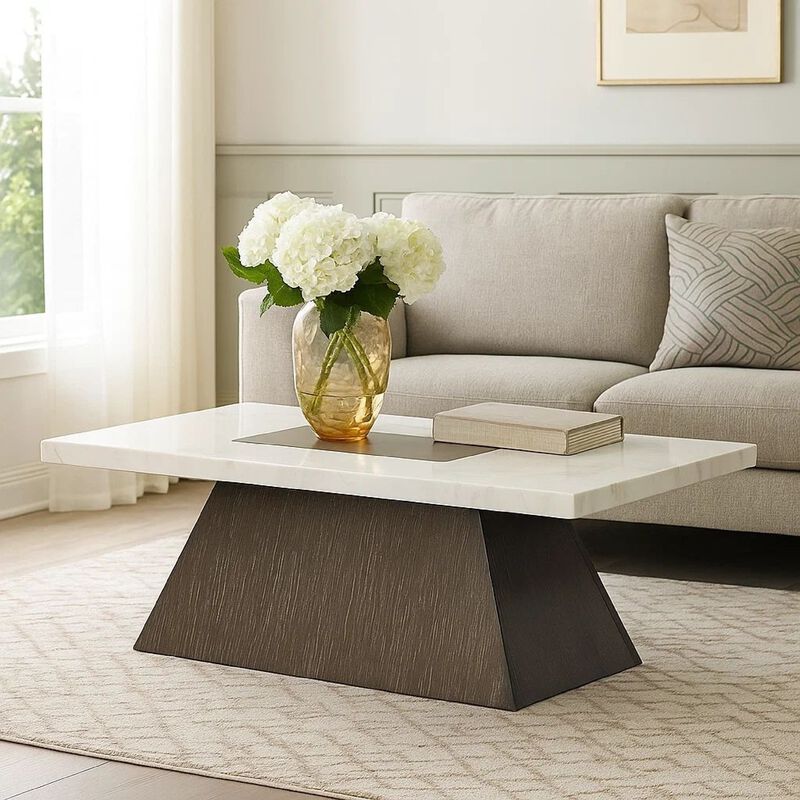 Asten Coffee Table, 48 Inch White Marble, Walnut Brown Pedestal Base