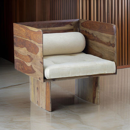 30 Inch Accent Chair, Panel-Style Legs, Tufted, Brown Wood, Beige Cotton