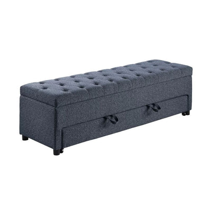 Kenny Ottoman, Underseat Drawer, Gray Button Tufted Boucle 60 Inch