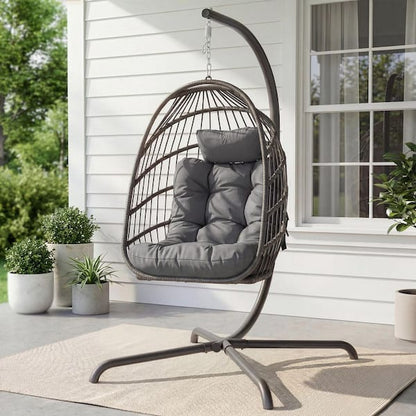 Cery Outdoor Egg Swing Chair, Foldable Stand, Dark Gray Cushion