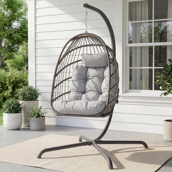Cery Outdoor Egg Swing Chair, Foldable Stand, Light Gray Cushion