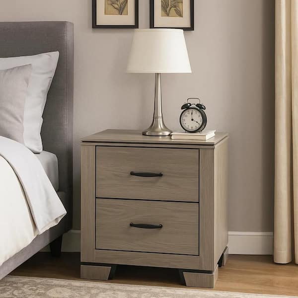 Anna Nightstand with 2 Drawers, Weathered Gray Wood, Black Metal Accents