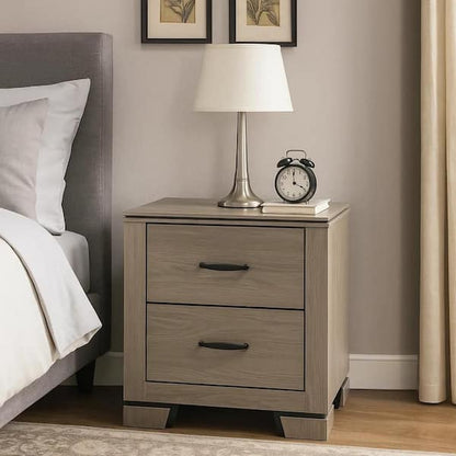 Anna Nightstand with 2 Drawers, Weathered Gray Wood, Black Metal Accents
