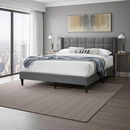 Meno Queen Size Bed, Square Stitched Charcoal Gray Linen Upholstery