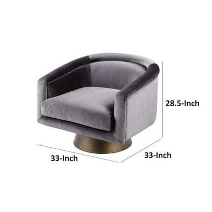 Rxa 33 Inch Swivel Lounge Chair, Barrel Back, Padded Gray Velvet Upholstery