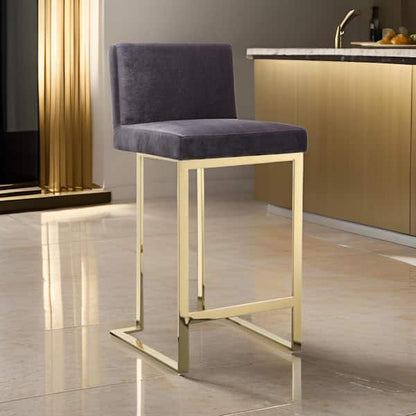 Zie 30 Inch Barstool Chair, Gray Velvet Padded Seat, Gold Steel Finish