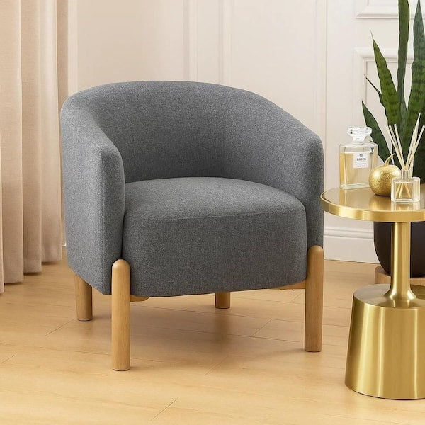 Diya Barrel Style Accent Chair, Gray Polyester, Light Brown Wood Legs