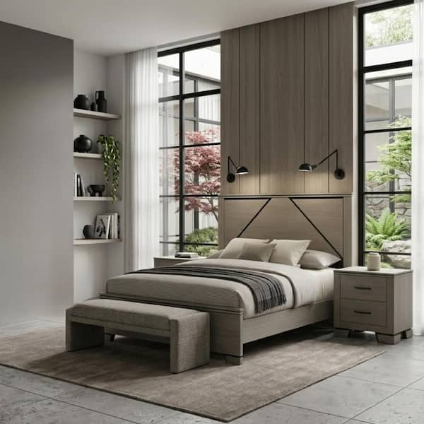 Anna Queen Bed, Panel Headboard with LED, Weathered Gray Wood, Modern Style