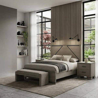Anna Queen Bed, Panel Headboard with LED, Weathered Gray Wood, Modern Style