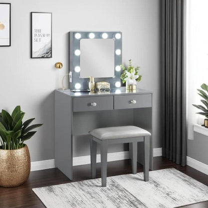Hudi Makeup Vanity and Stool Set, 10 Lights, USB Power Outlet, Gray