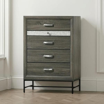 Lito Tall Dresser Chest, 4 Drawers w 1 Jewelry Tray, Glam Silver, Gray