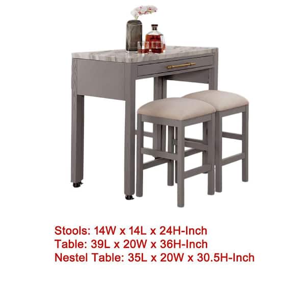 Helly 3pc Counter Height Table and 2 Stool Set, Gray Faux Marble Top