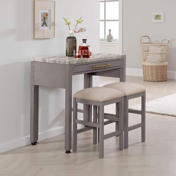 Helly 3pc Counter Height Table and 2 Stool Set, Gray Faux Marble Top