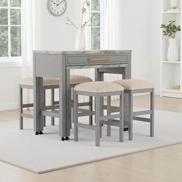 Helly 5pc Counter Height Table and 4 Stool Set, Gray Faux Marble Top