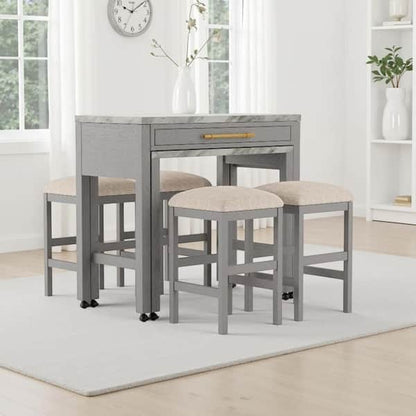 Helly 5pc Counter Height Table and 4 Stool Set, Gray Faux Marble Top
