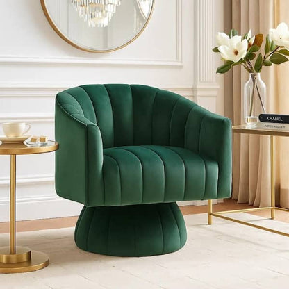 Rex Swivel Accent Chair, Barrel Channel Stitched Velvet, Green