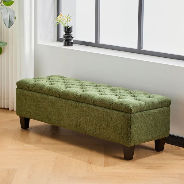 Eva Storage Bench Ottoman, Olive Green Woven Polyester, Brown, 48 Inch