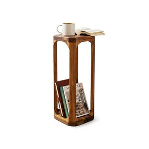 Side End Table with Lower Shelf, 24 Inch Square Top, Natural Brown