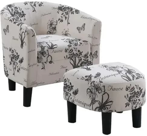 Beua 2pc Accent Chair and Ottoman Set, Black Faux Leather, Foam Cushions