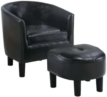 Beua 2pc Accent Chair and Ottoman Set, Black Faux Leather, Foam Cushions
